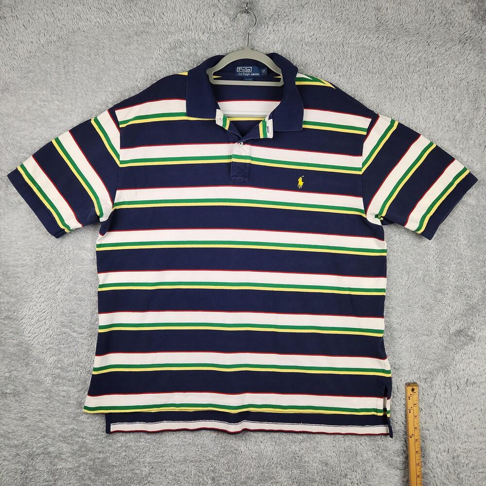 Polo Ralph Lauren Polo Shirt Mens 2XL Big Blue Stripe Small Pony Logo Golf Work